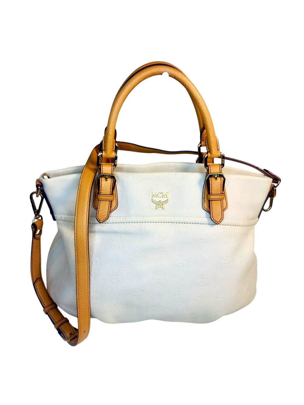 MCM Off White Pebbled Leather Satchel Crossbody- Tan Trim - Gold HW - Clean